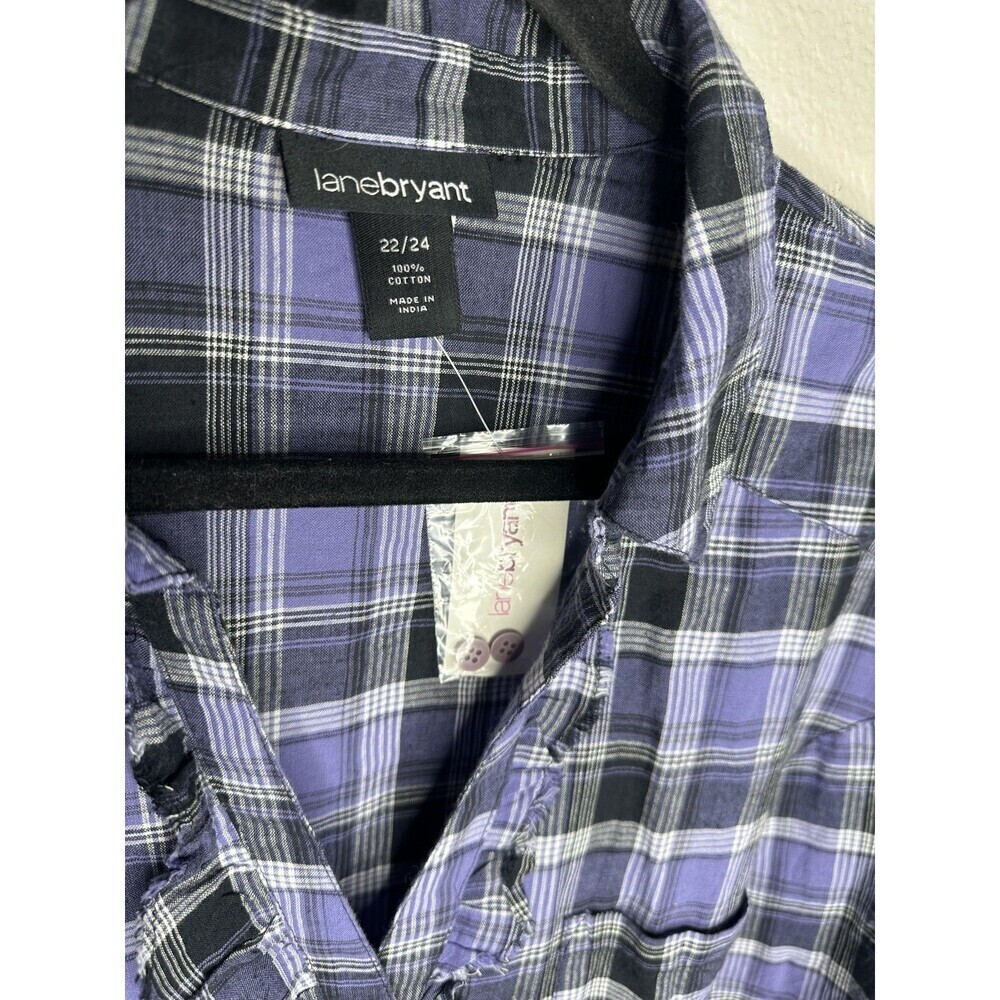 NEW Lane Bryant Shirt Womens 22/24 Purple Black Plaid Ruffle Button Front Top - Picture 2 of 5